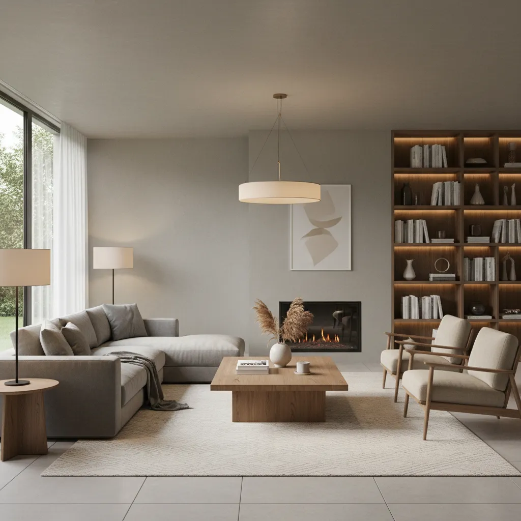 living room layout with warm dulux greige wall color and modern furniture