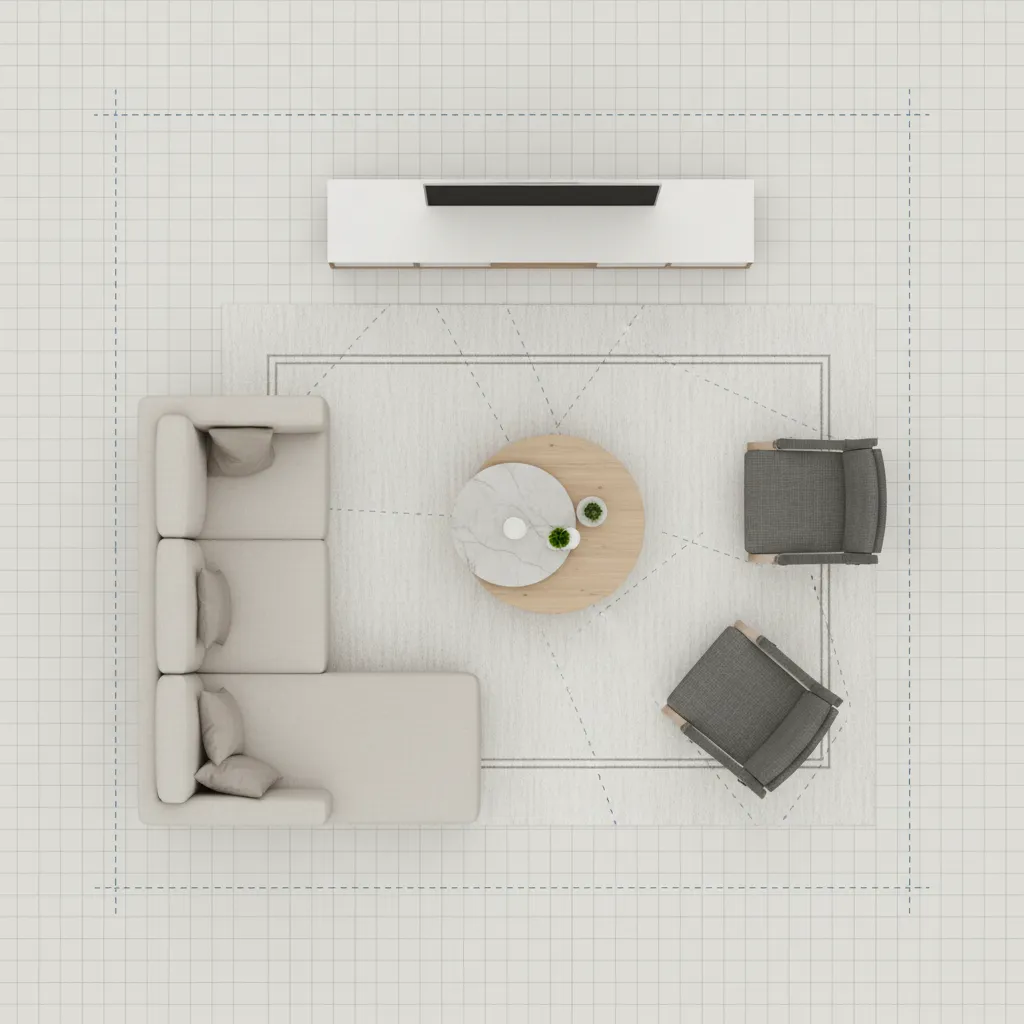 living room layout with furniture zones and walking paths