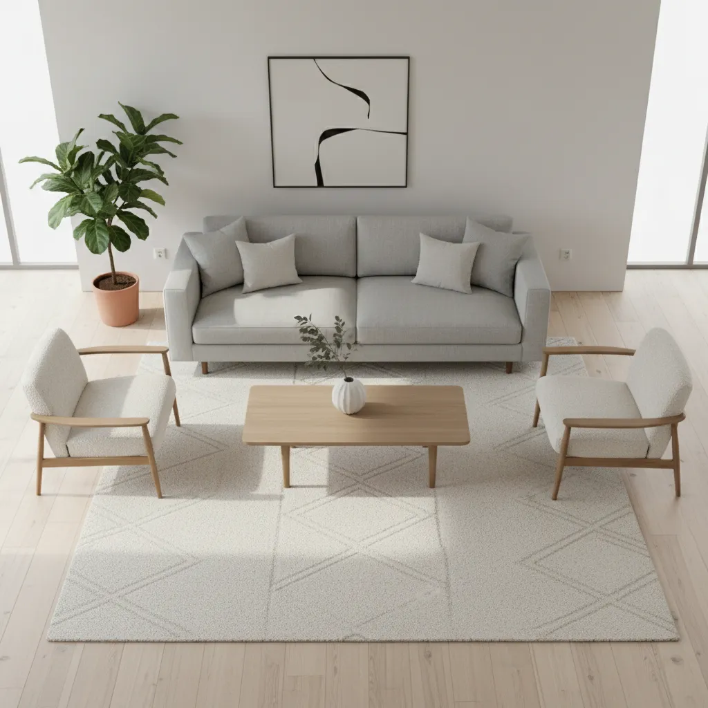 living room furniture layout showing sofa rug coffee table and circulation paths
