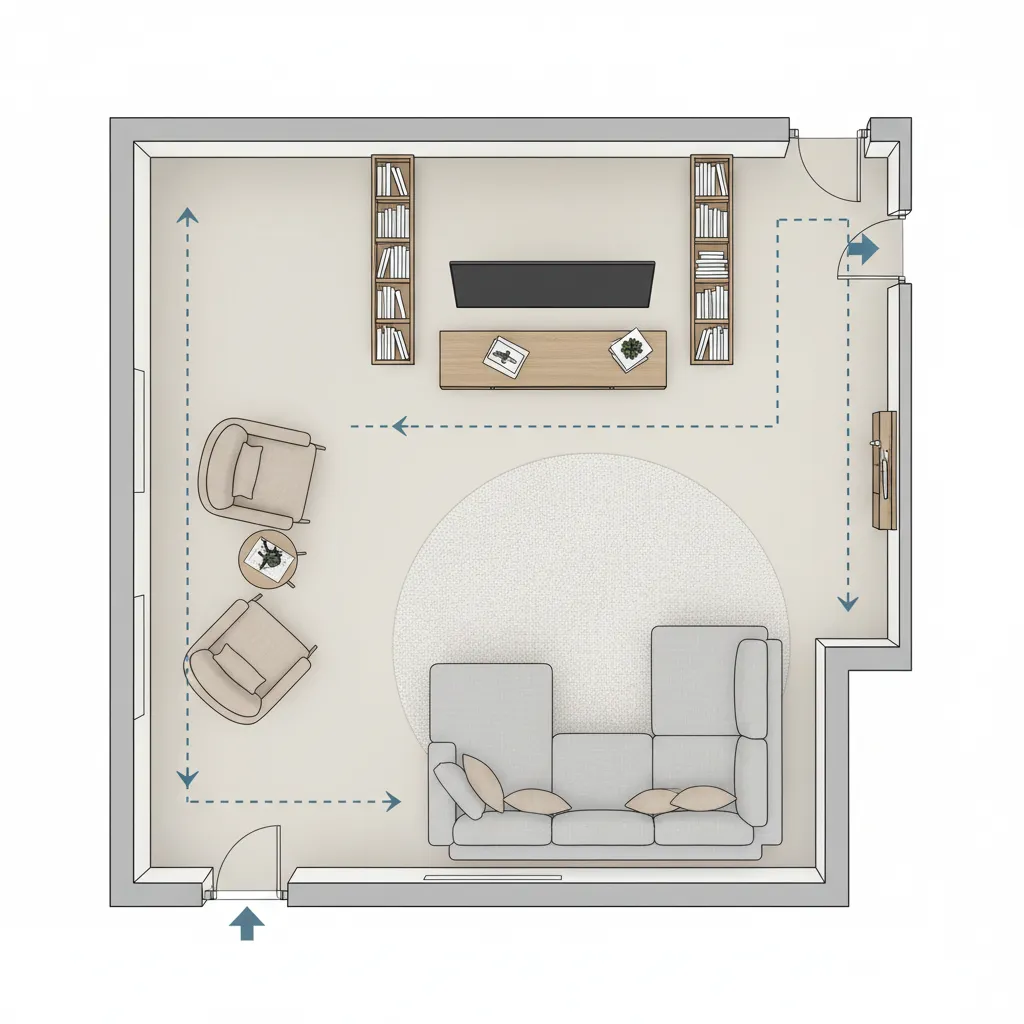 Living room zoning layout diagram showing circulation path and furniture placement