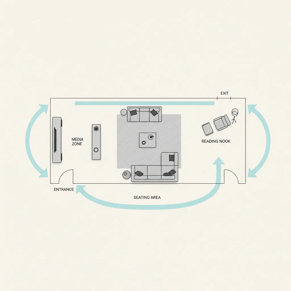 Living room floor plan diagram showing zoning and circulation paths