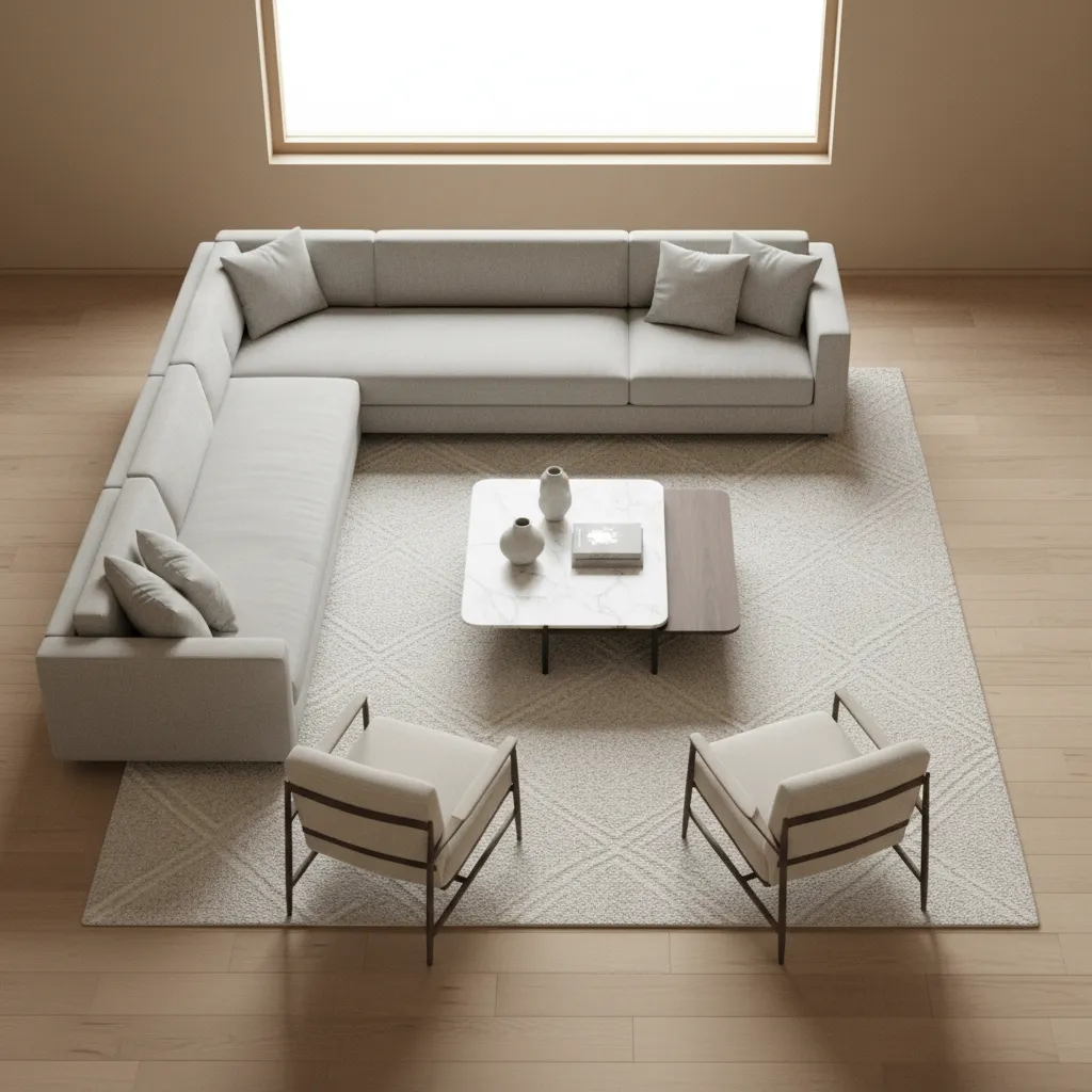 Top view of a large grey sofa two chairs coffee table and rug on wood floor