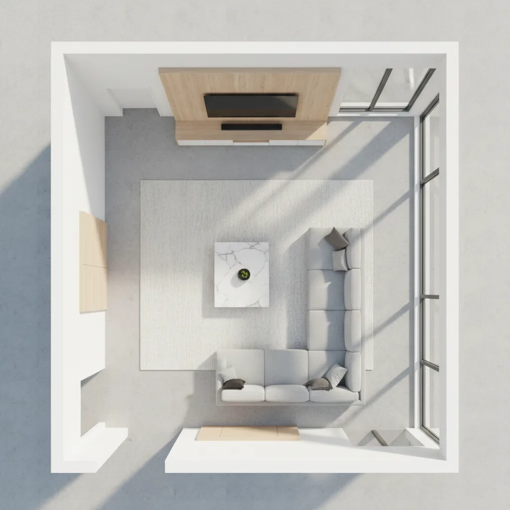 3D floor plan showing zones for sofa seating TV and walkway space