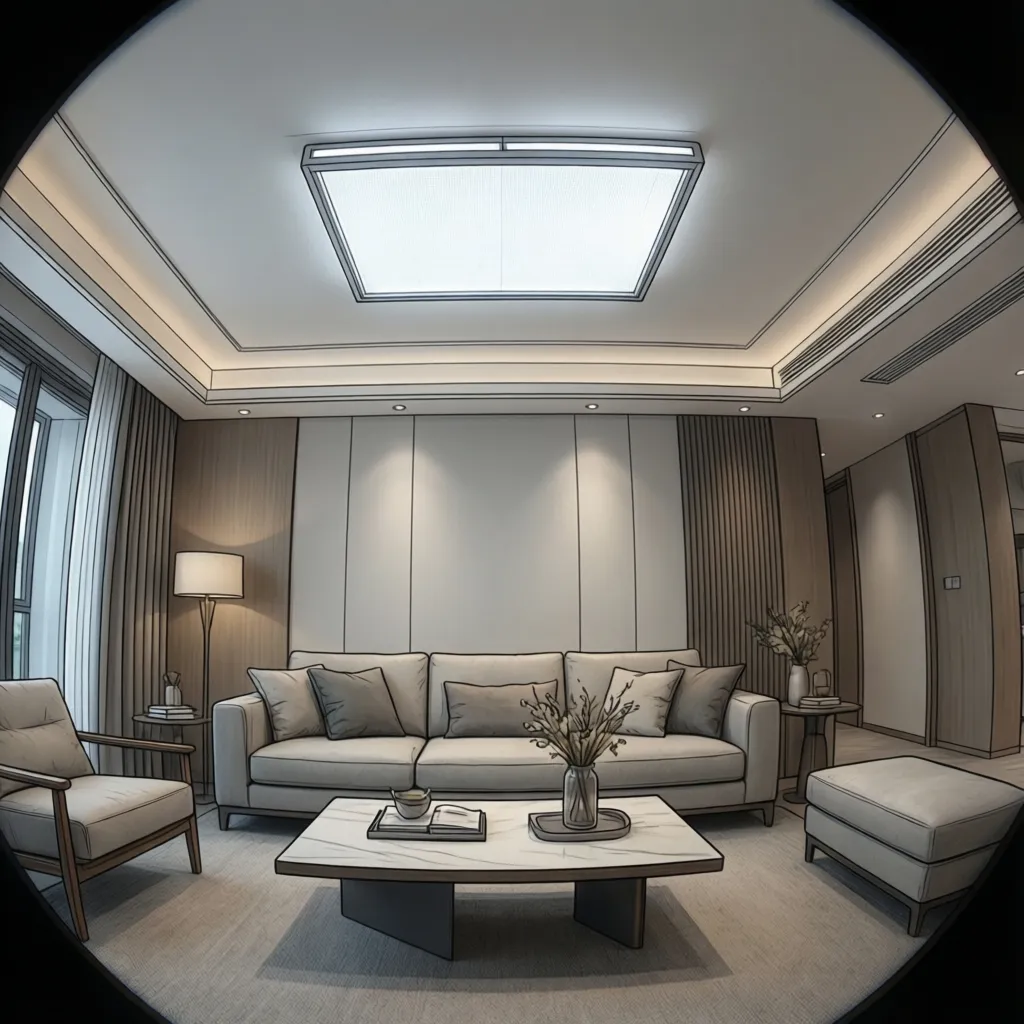 Interior design drawing of living room with sofa coffee table wall panel and ceiling light