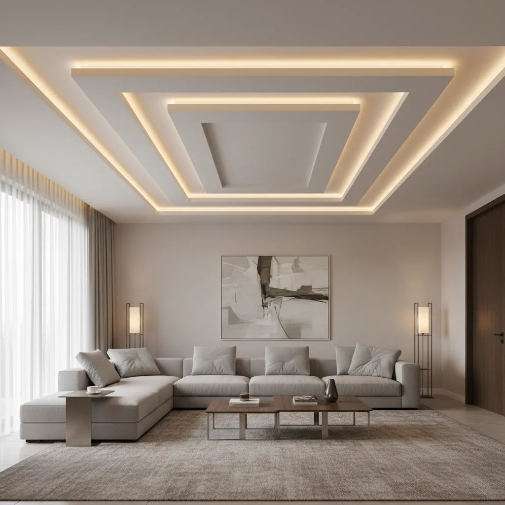 Living room false ceiling with LED perimeter lighting