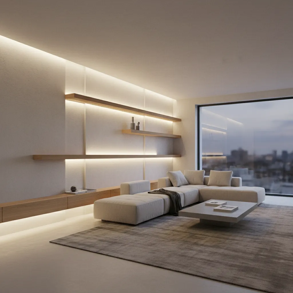 modern living room with hidden LED strip lighting along shelves and wall edges