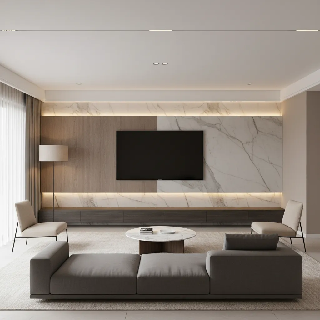 Minimalist living room with grey sofa marble and wood wall design and two small chairs