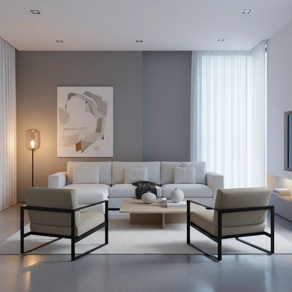 Living room lighting comparison affecting wall color near white furniture