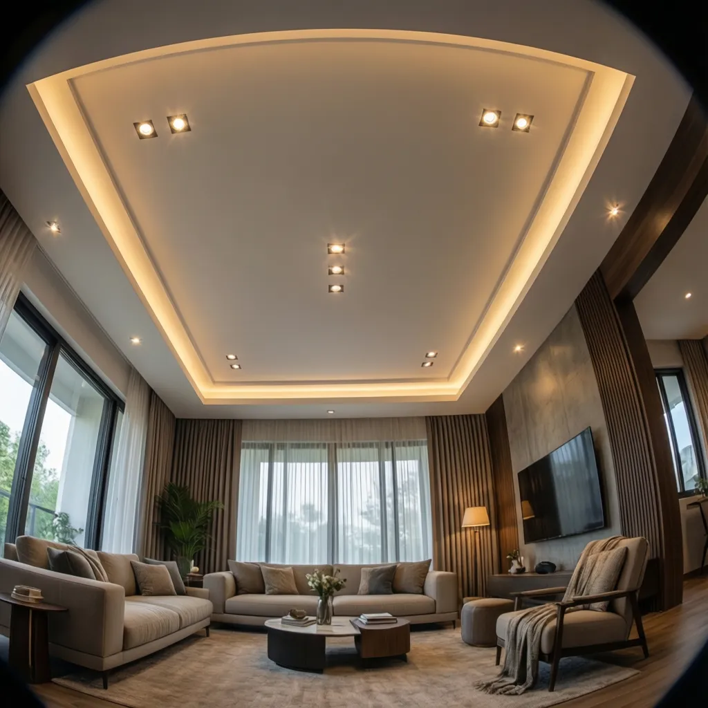 living room false ceiling with recessed lights and cove lighting