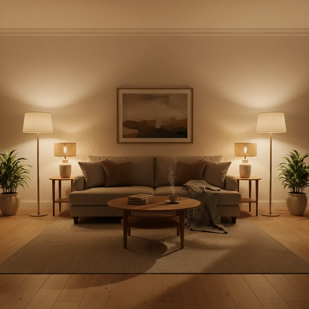 Salón con iluminación cálida indirecta creando ambiente acogedor