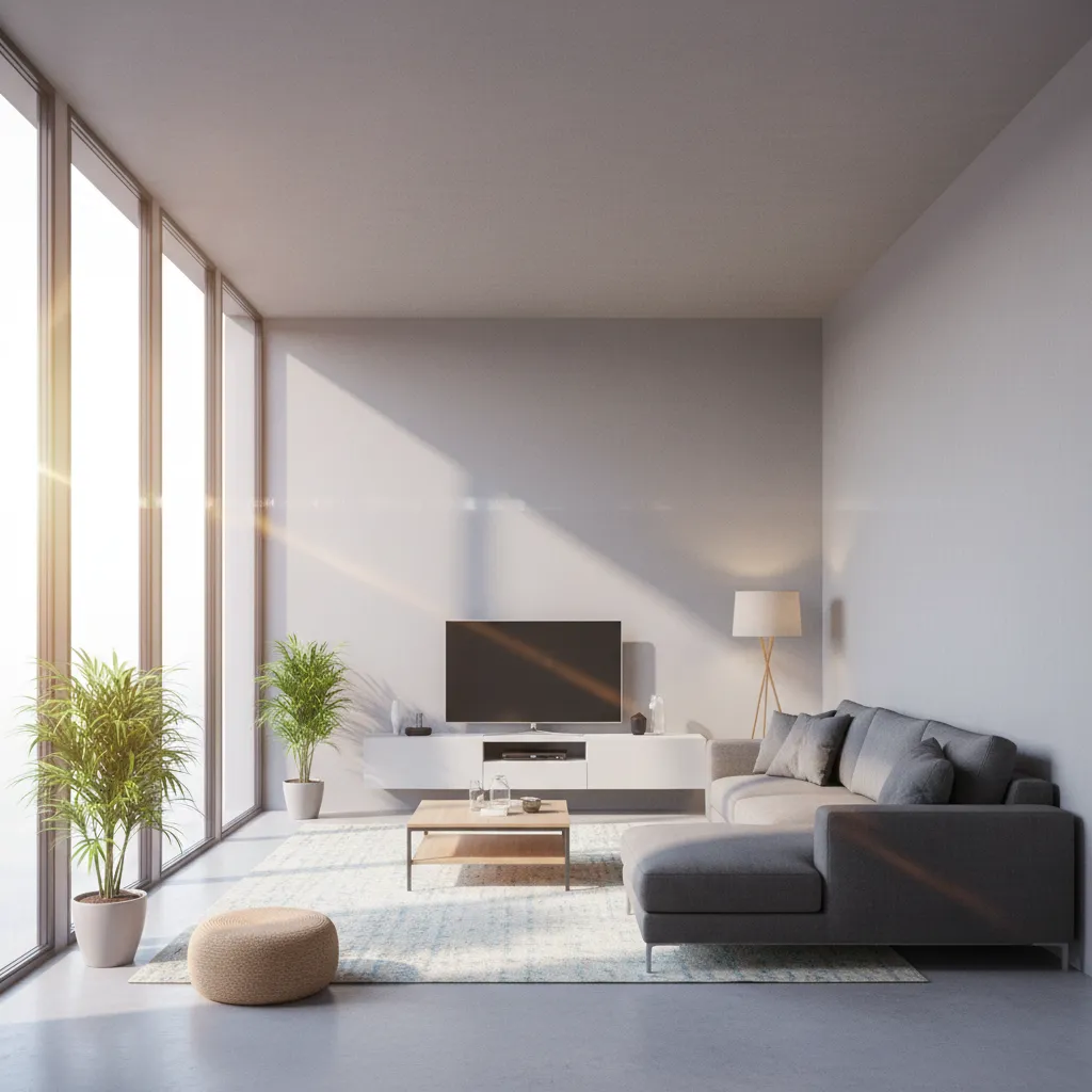 Bright living room with grey sofa television on white cabinet floor lamp plants and footrest