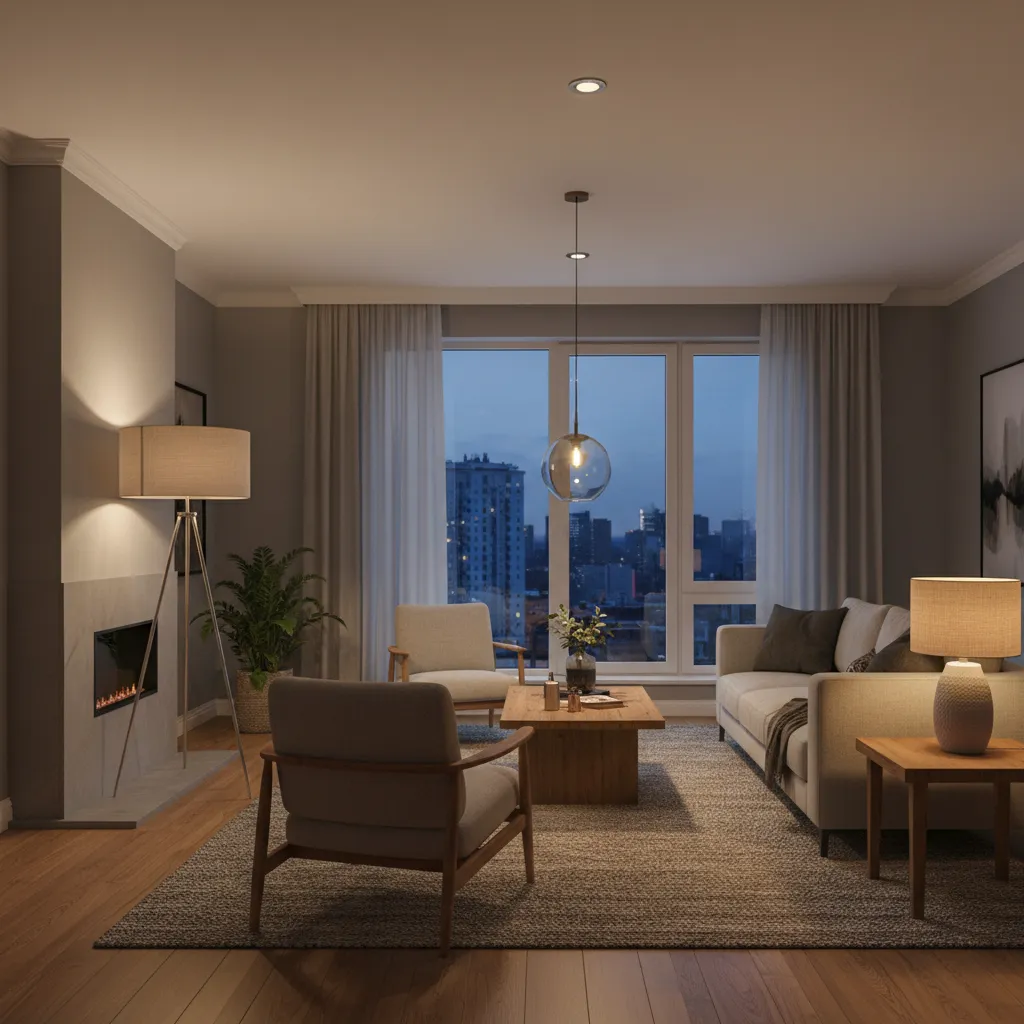 Modern living room at night with ceiling light, floor lamp, table lamp, sofa, and window