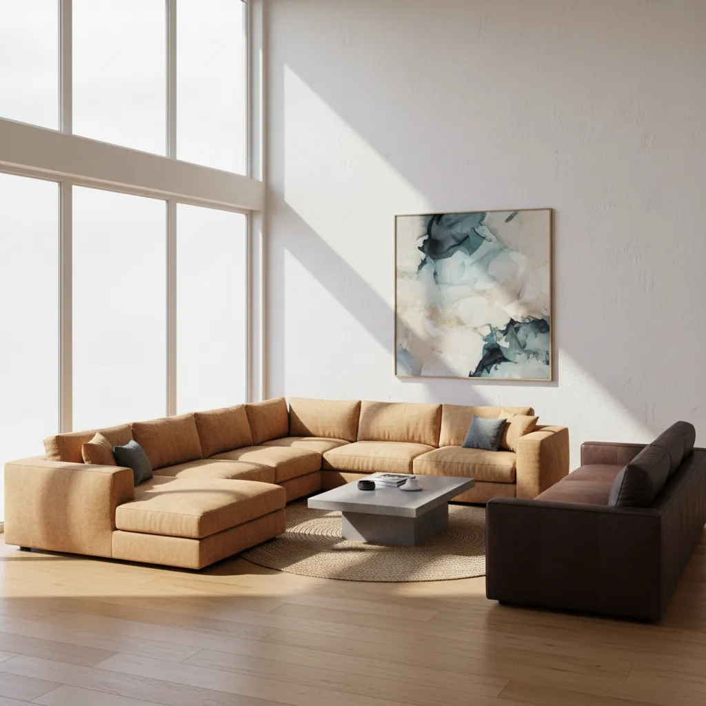 Living room demonstrating lighting impact on camel and brown sofas