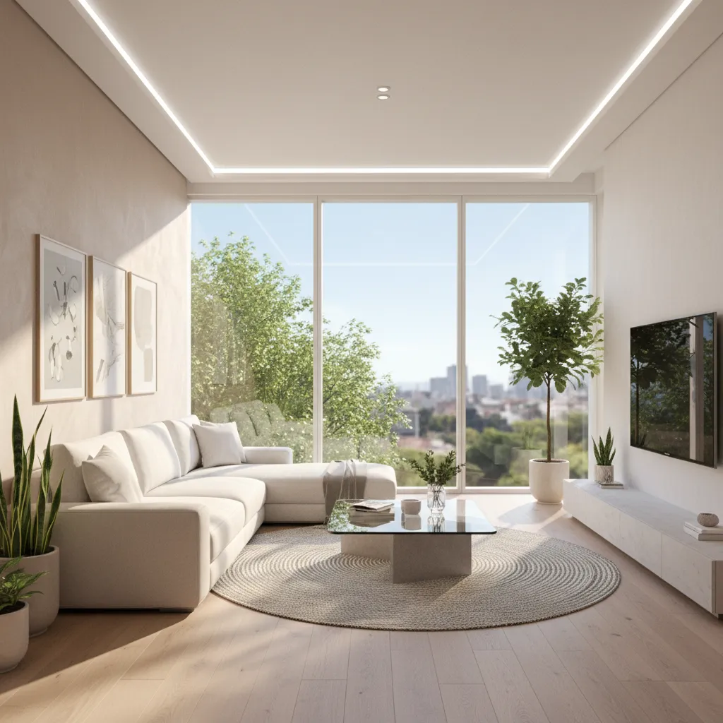 Living room showing natural daylight affecting wall color beside white sofa