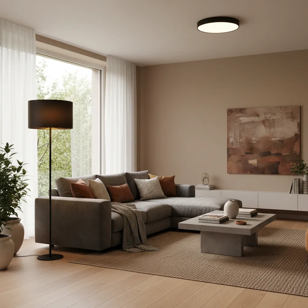 Sala con iluminación en capas incluyendo lámparas y luz natural