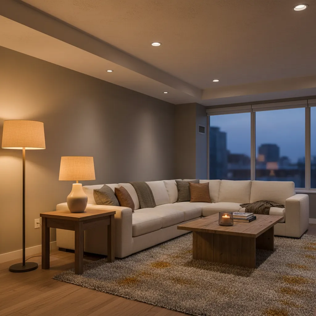 Sala con diferentes capas de iluminación: techo, lámpara de pie y luz ambiental