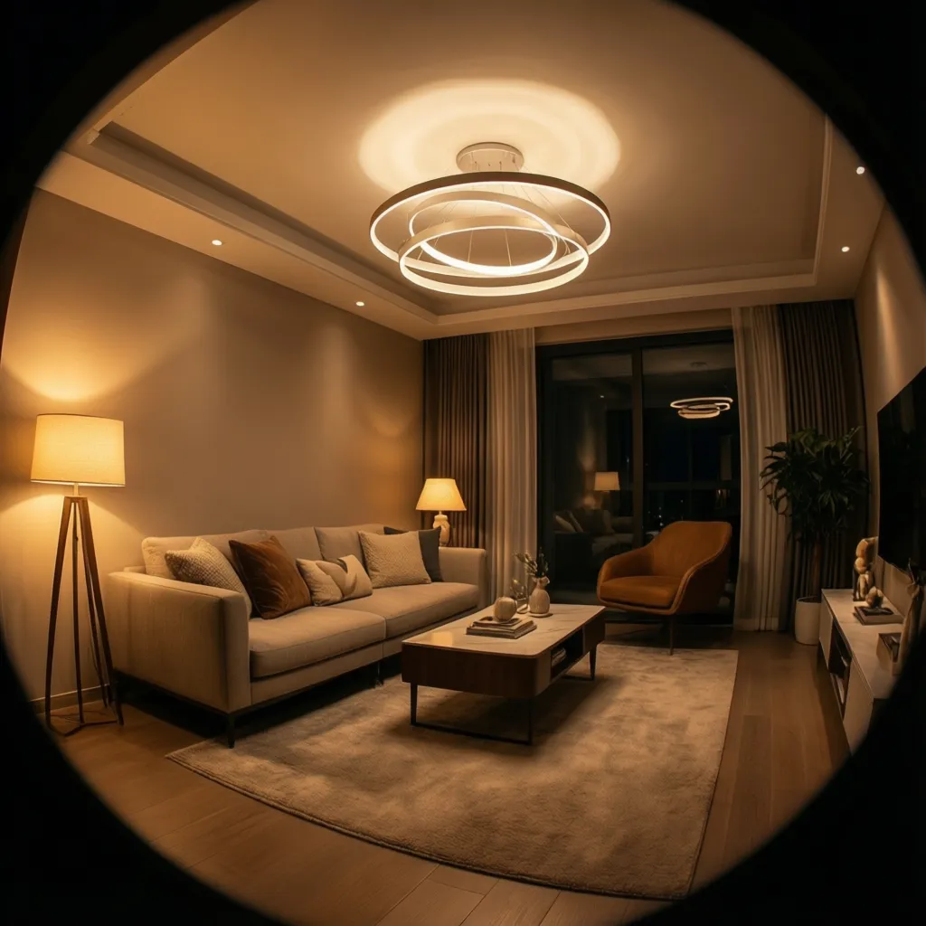 Salón con diferentes capas de iluminación incluyendo lámpara de pie y luz ambiental