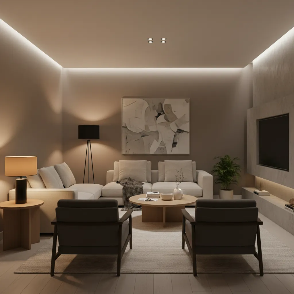 living room with layered lighting including floor lamp and table lamp