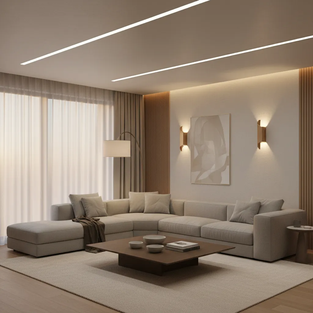 living room with layered lighting including ceiling light floor lamp and wall lights