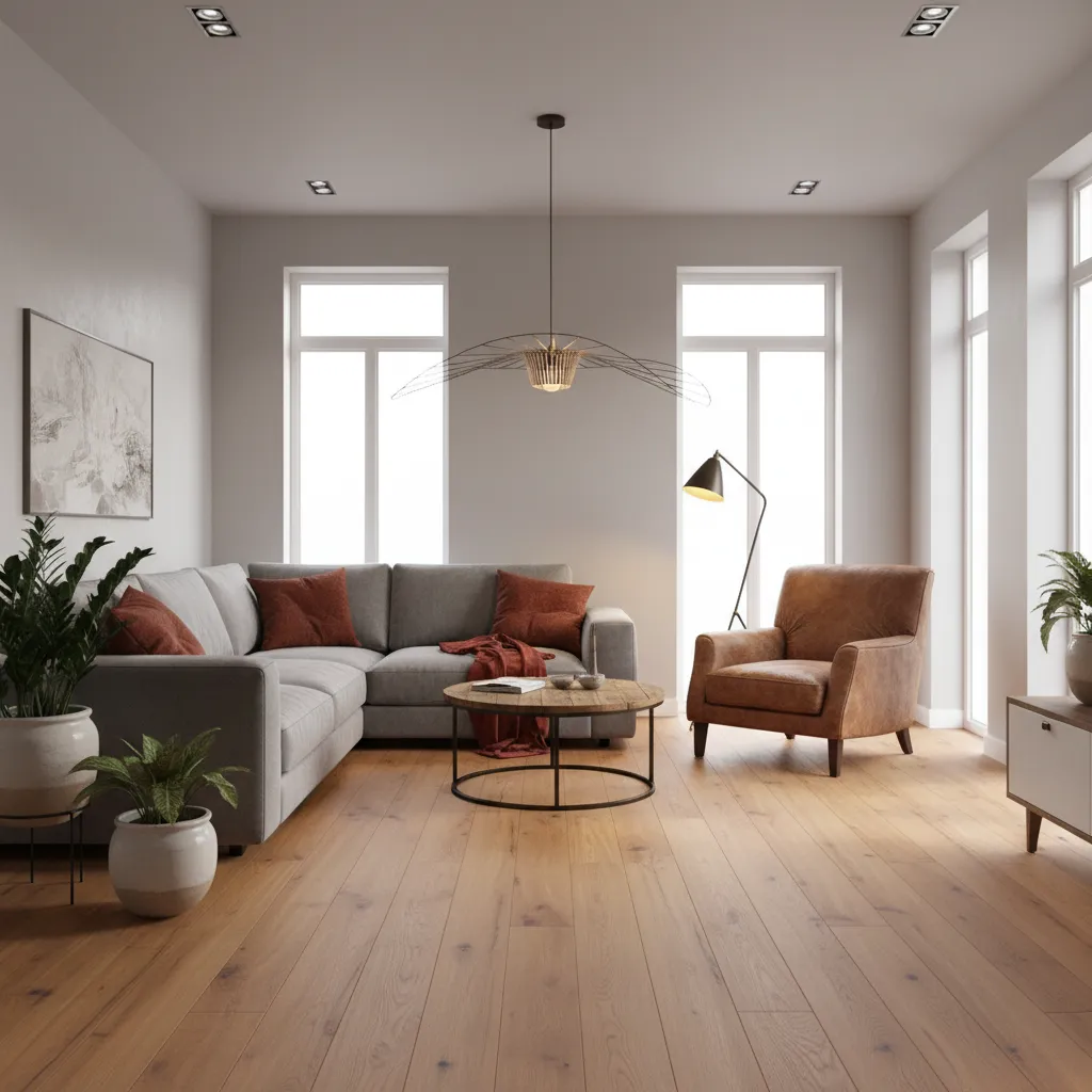 Living room showing layered lighting with red brown grey palette