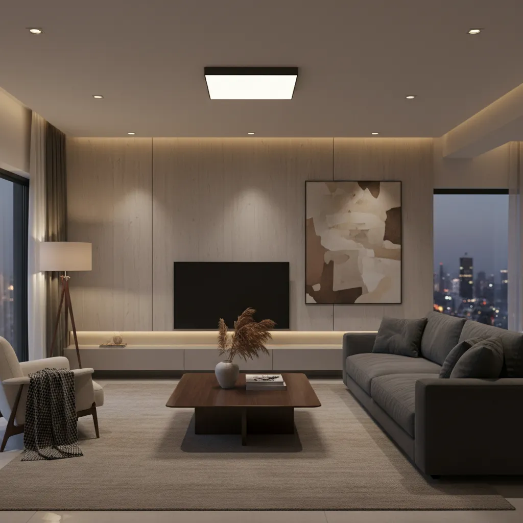 Living room with ceiling lights partly off creating mysterious atmosphere
