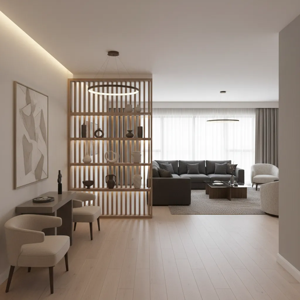 modern living room entrance with decorative partition separating lobby and drawing room