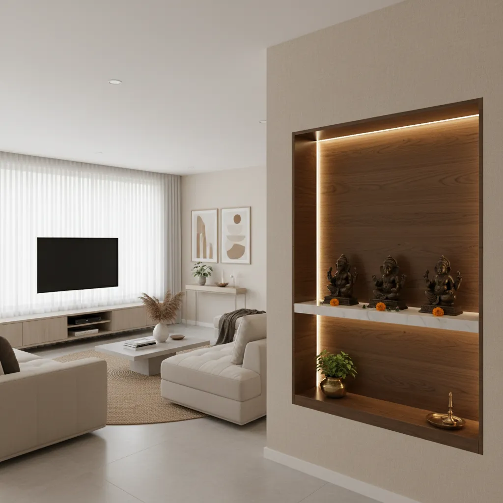 Living room wall niche mandir with wooden panel and warm lighting