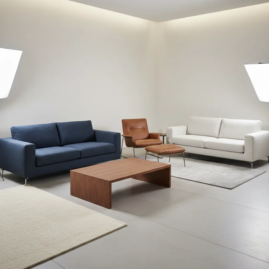 living room materials comparison showing wood leather and white furniture with blue accents