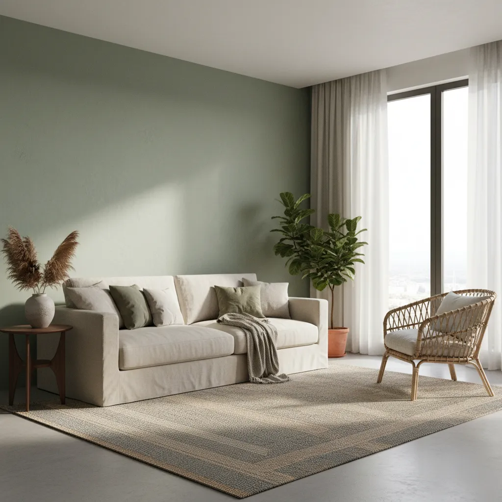 Interior example combining sage green walls wood furniture linen sofa and rattan chair
