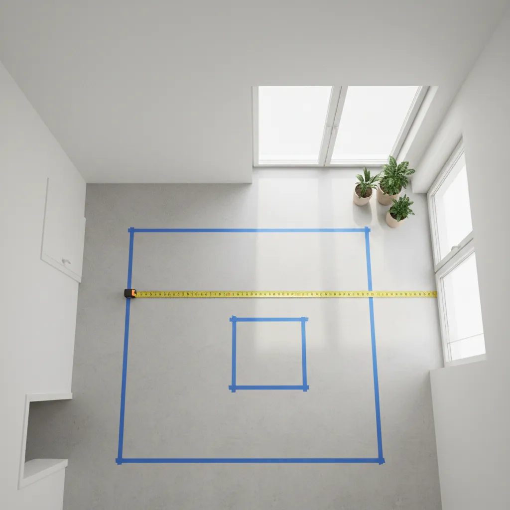 living room floor marked with tape showing furniture layout planning