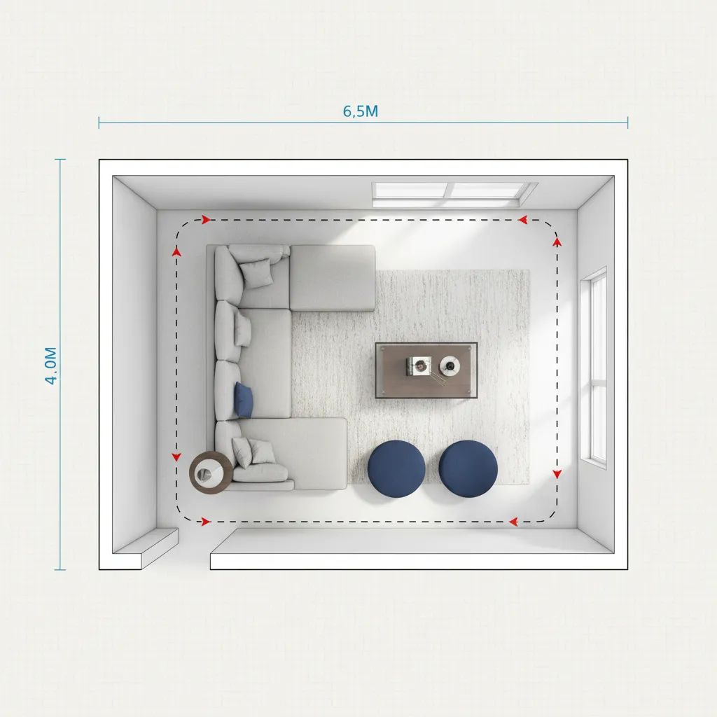 Plano de sala de estar con medidas y zonas de circulación marcadas