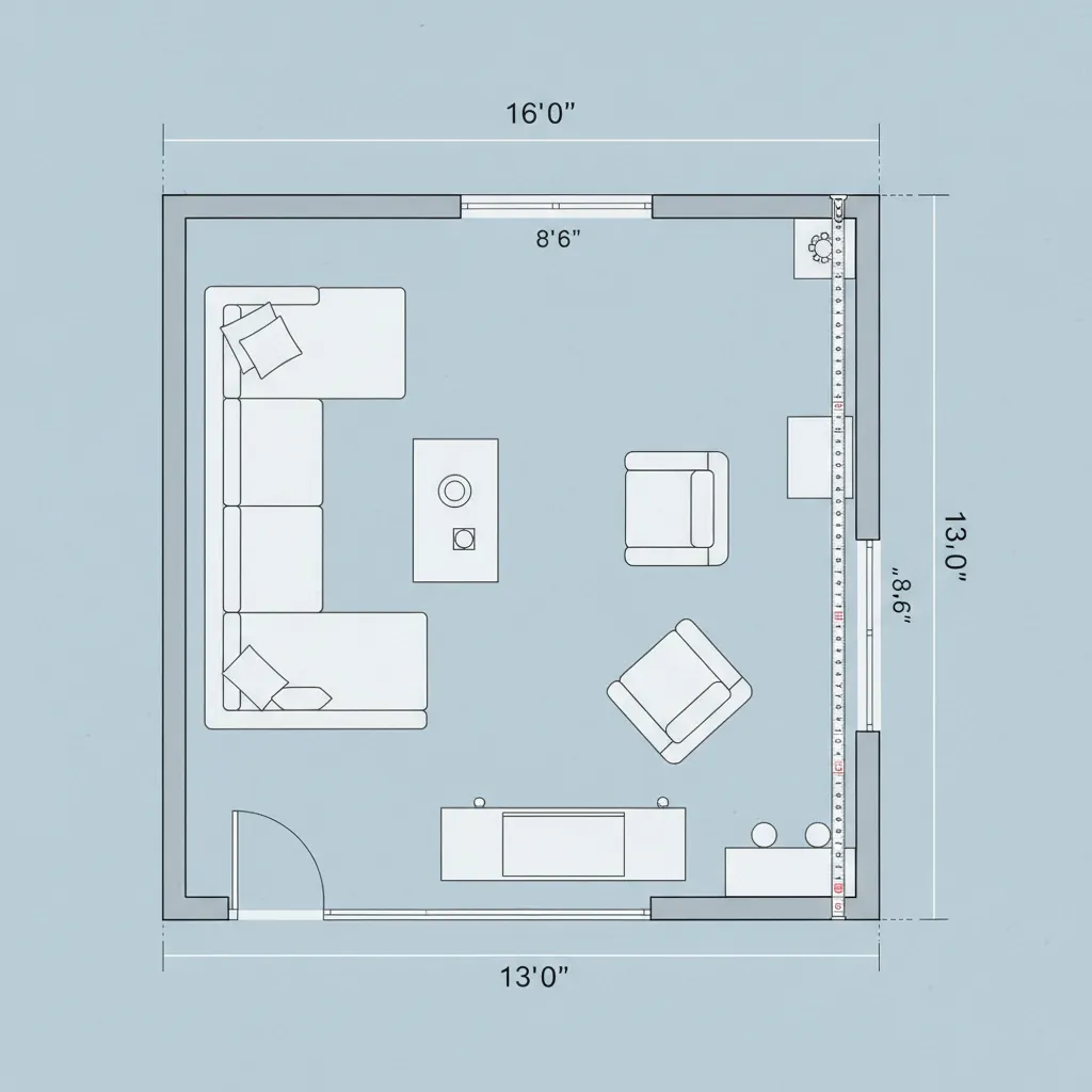 designer measuring a rectangular living room floor plan for furniture layout planning