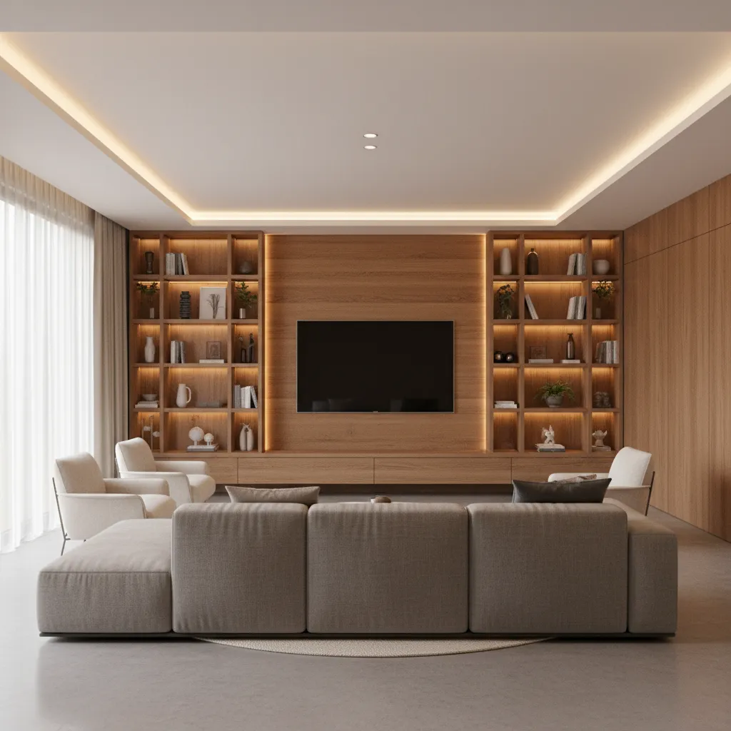 Living room media wall with flat screen TV and built-in shelves