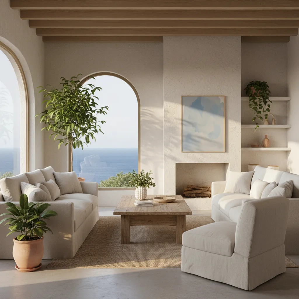 Salón mediterráneo luminoso con materiales naturales