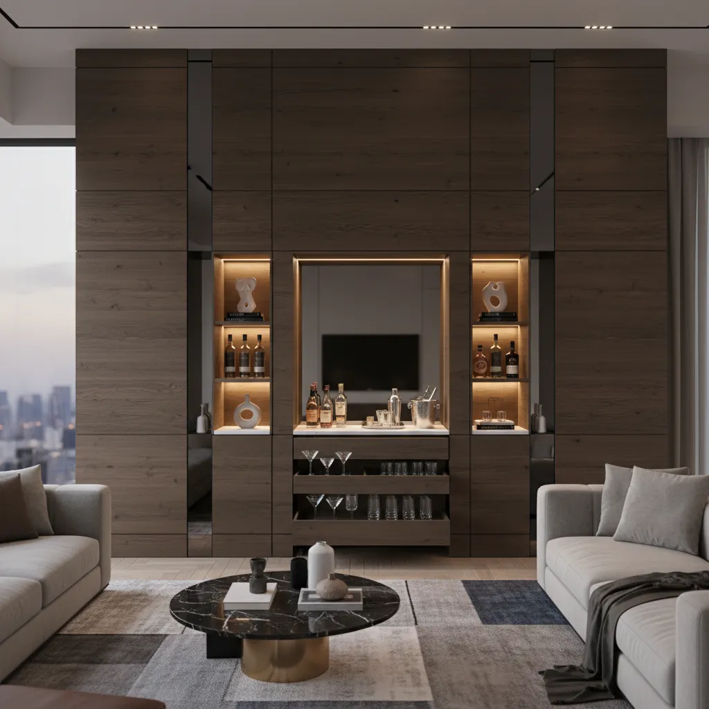 Mini bar integrado en el mueble del salón con iluminación LED