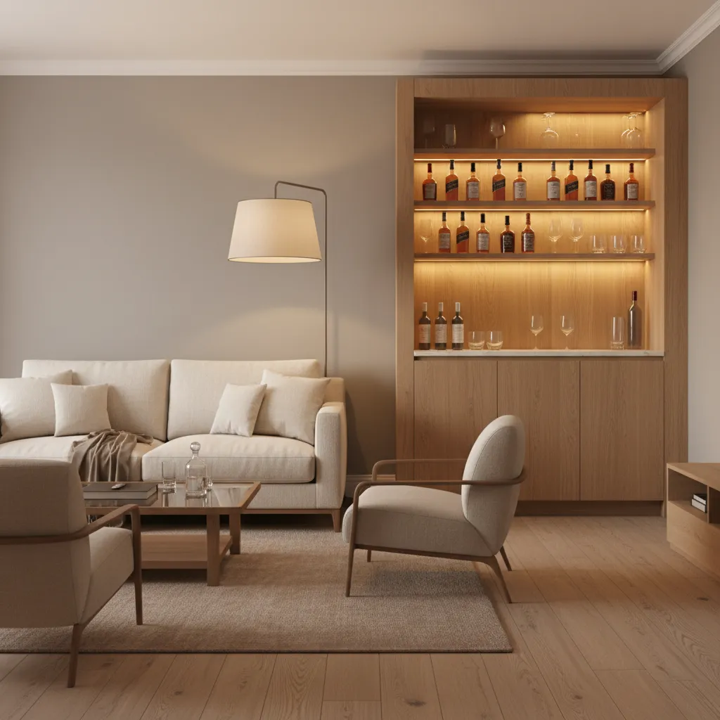 Compact living room bar area integrated beside a sofa seating layout