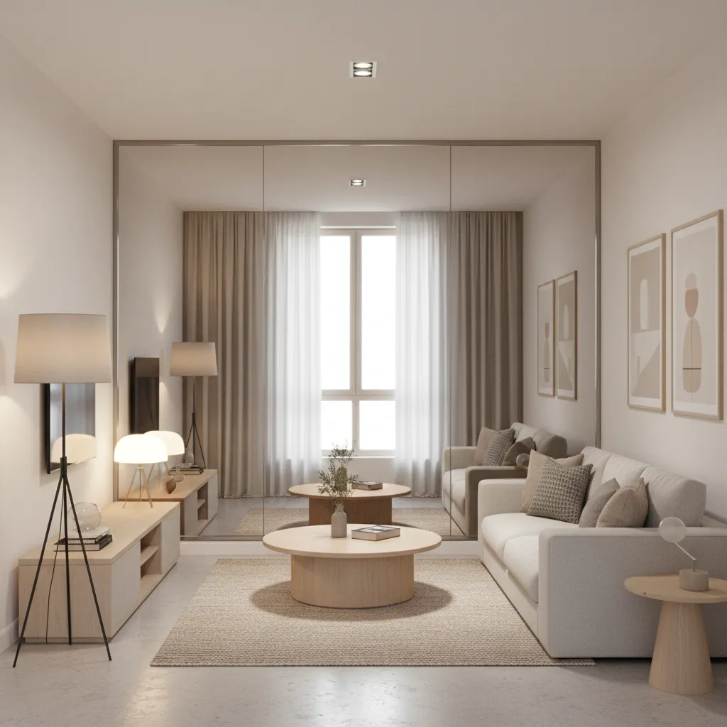 Living room with mirror and layered lighting to make space feel larger