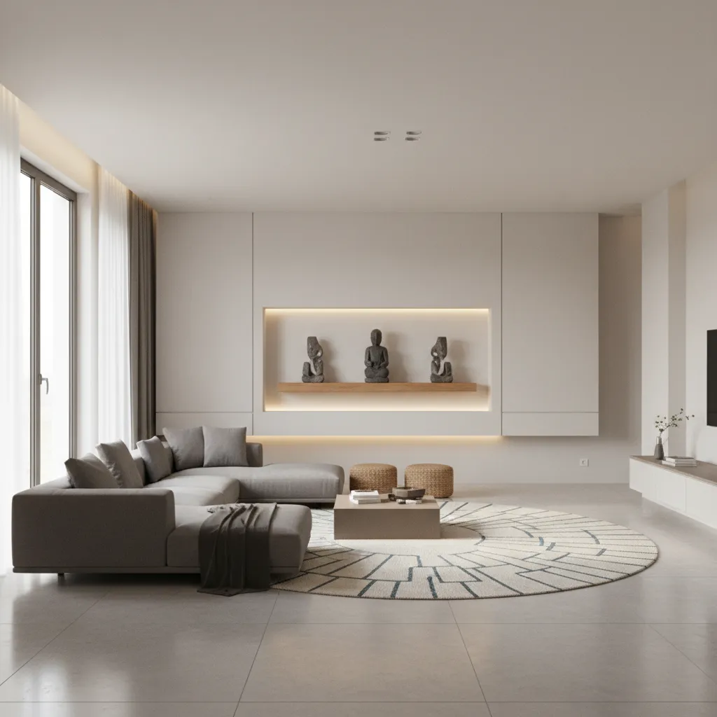 Large modern living room with grey sofa round patterned rug two footrests and wall light