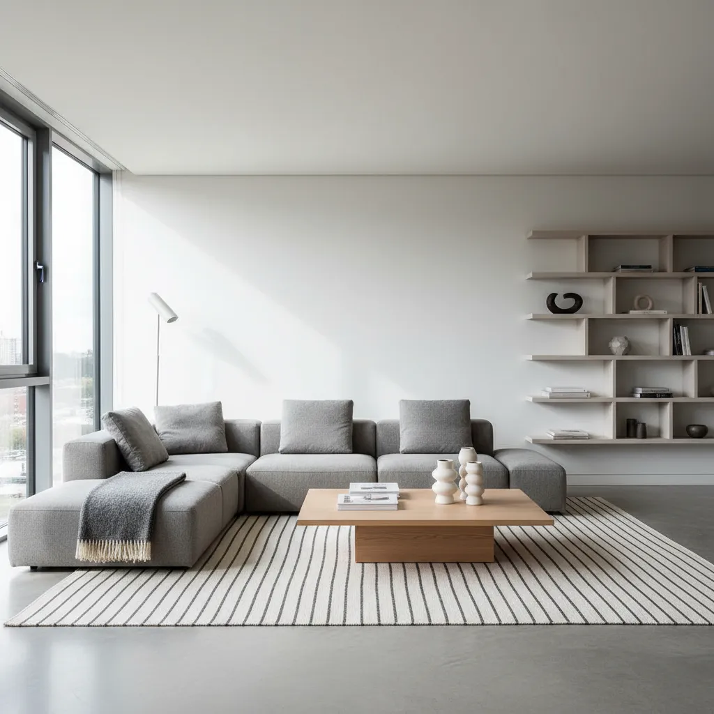 Minimalist living room featuring a grey sofa wooden coffee table striped rug and wall shelving