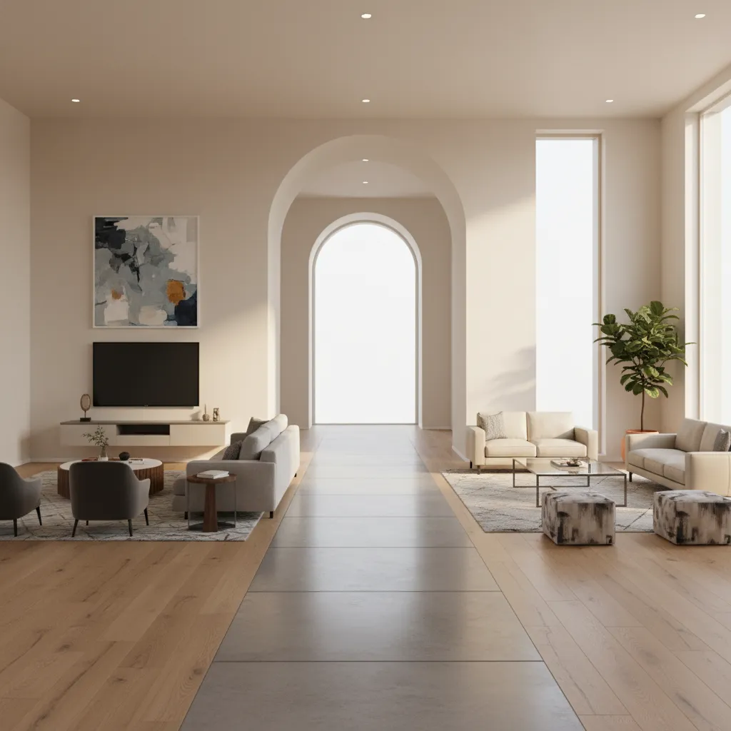 Living room layout connecting multiple entry points with clear pathways