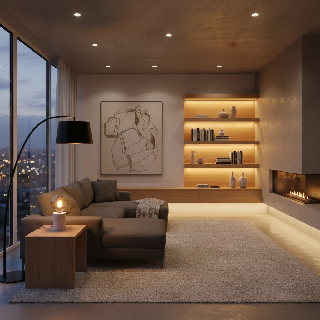 Cozy living room interior design with grey sofa wooden shelves fireplace floor lamp and ceiling light