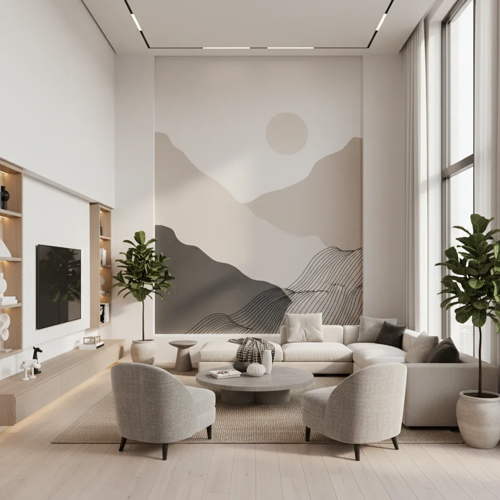 Large wall mural placed behind sofa in modern living room