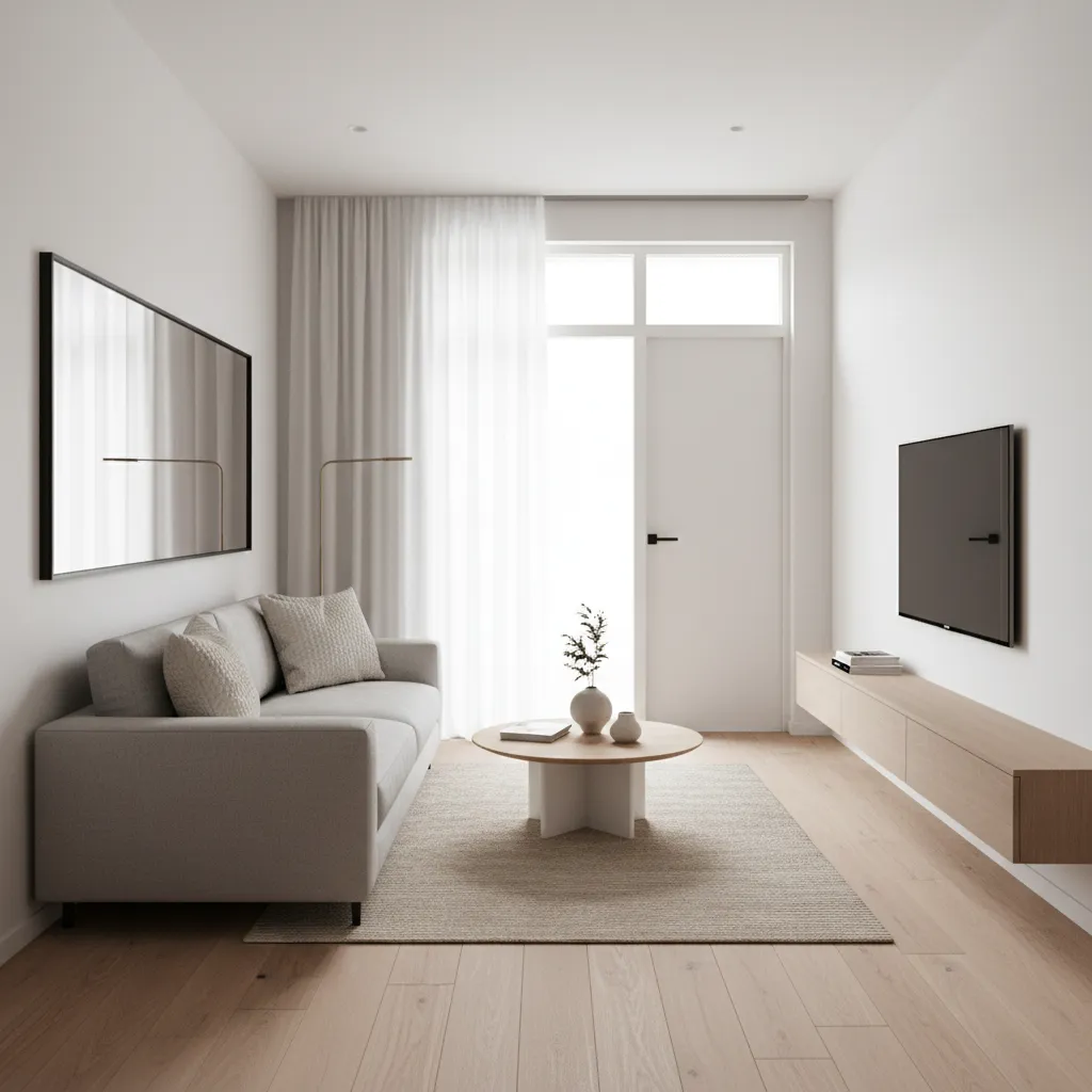 Minimalist living room with grey sofa wooden floor round coffee table and wall mounted television