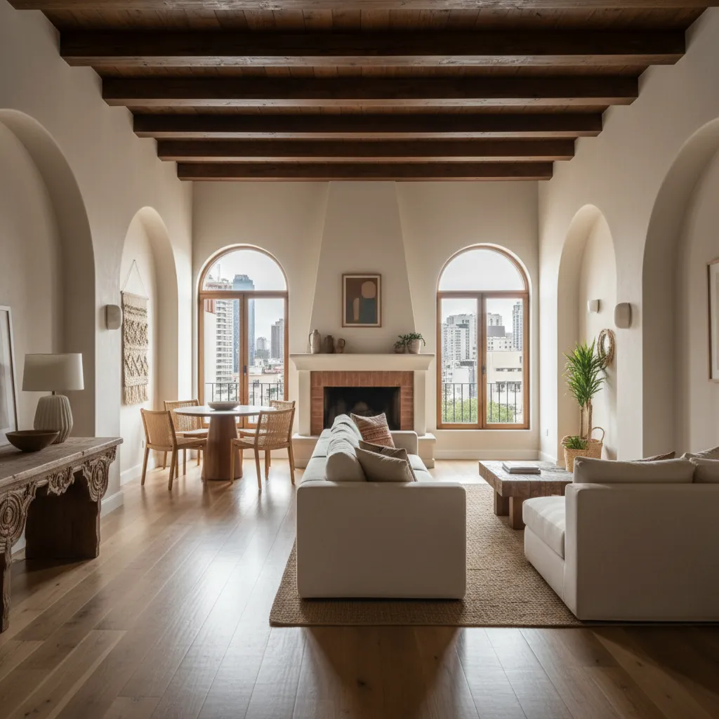 Salón luminoso con grandes ventanas y distribución abierta