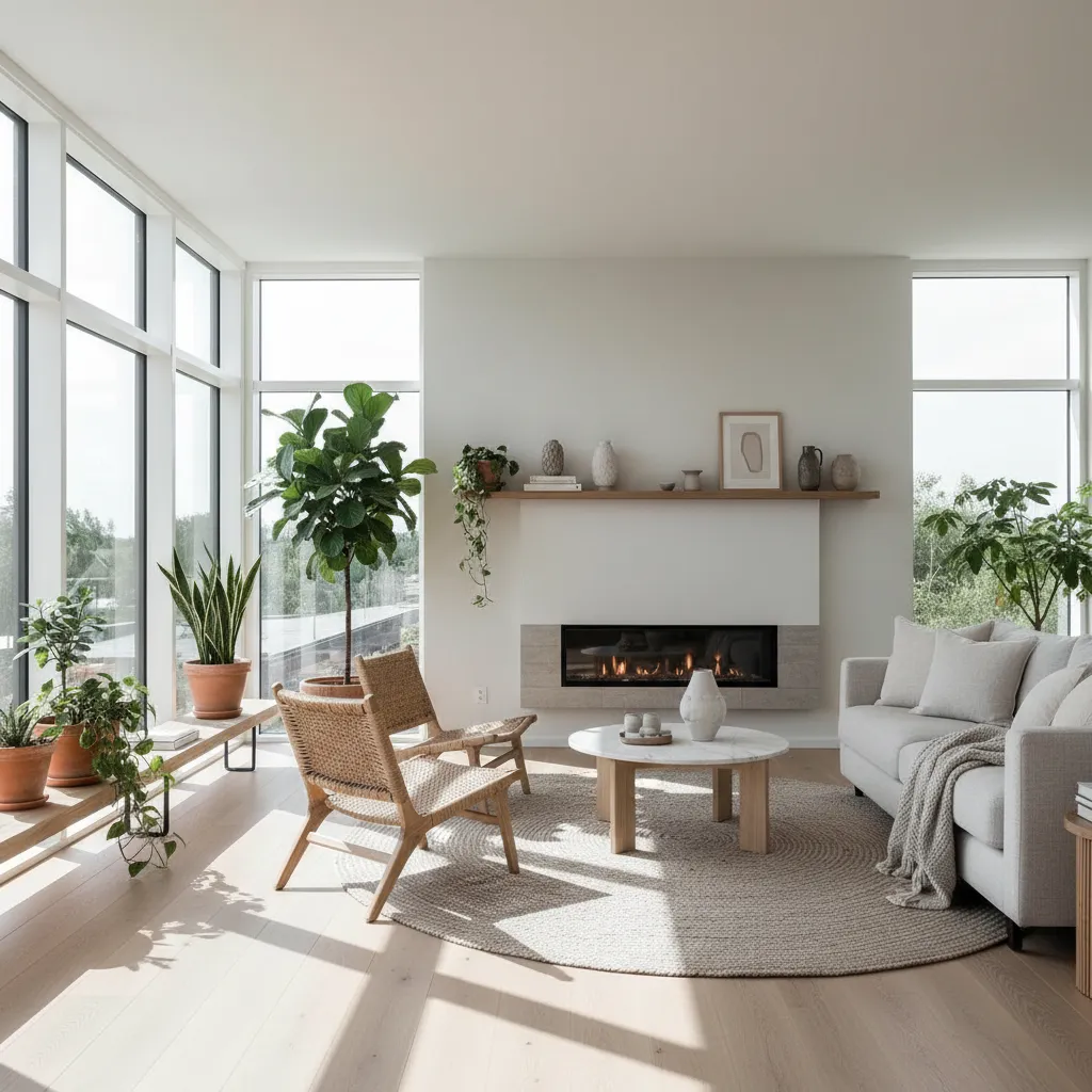 Salón con abundante luz natural, plantas y materiales naturales