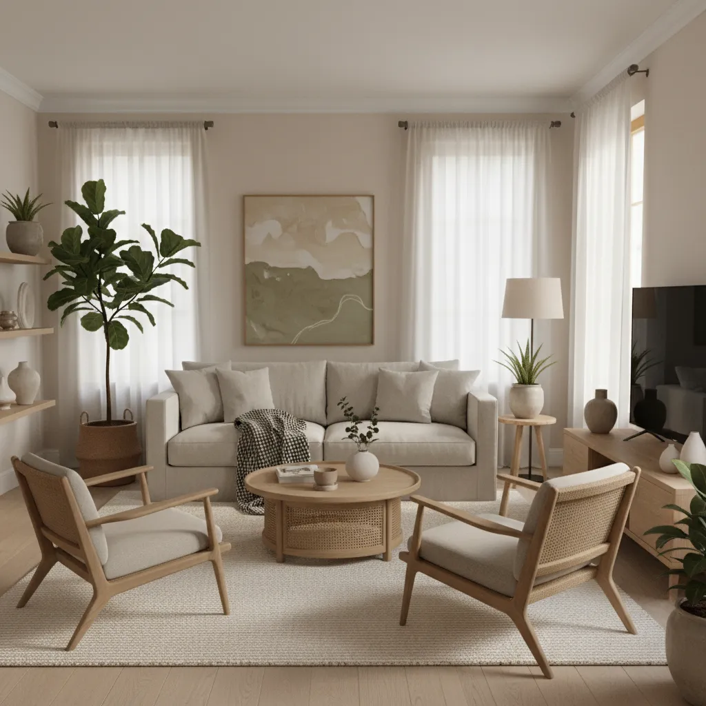 Salón con madera clara, textiles naturales y estilo relajado