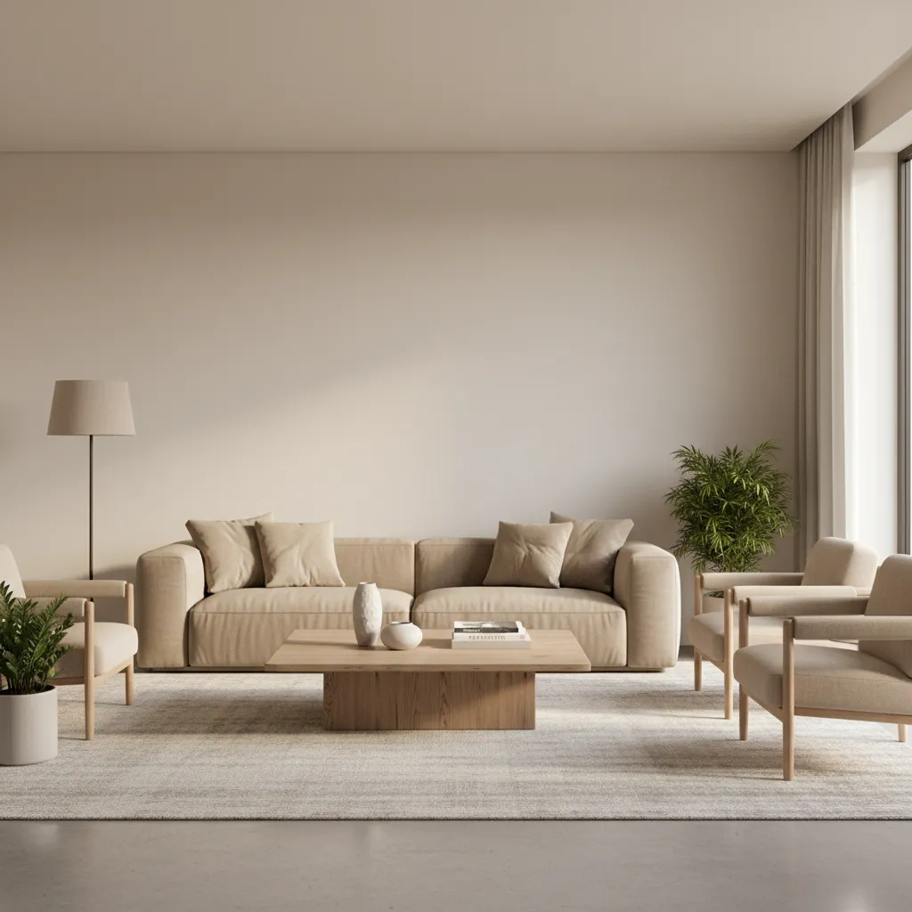 living room interior with neutral palette beige sofa wood table and soft natural lighting