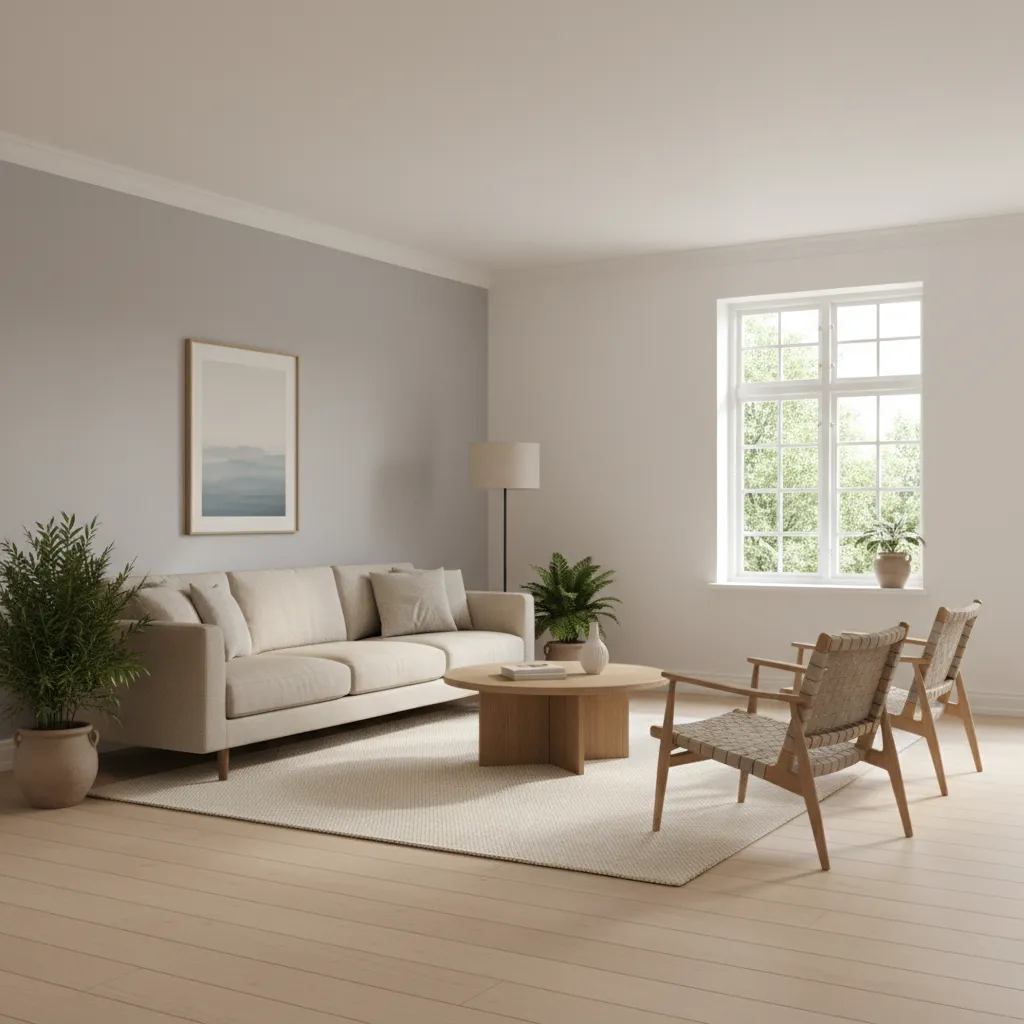Living room with warm white and soft gray wall paint combination