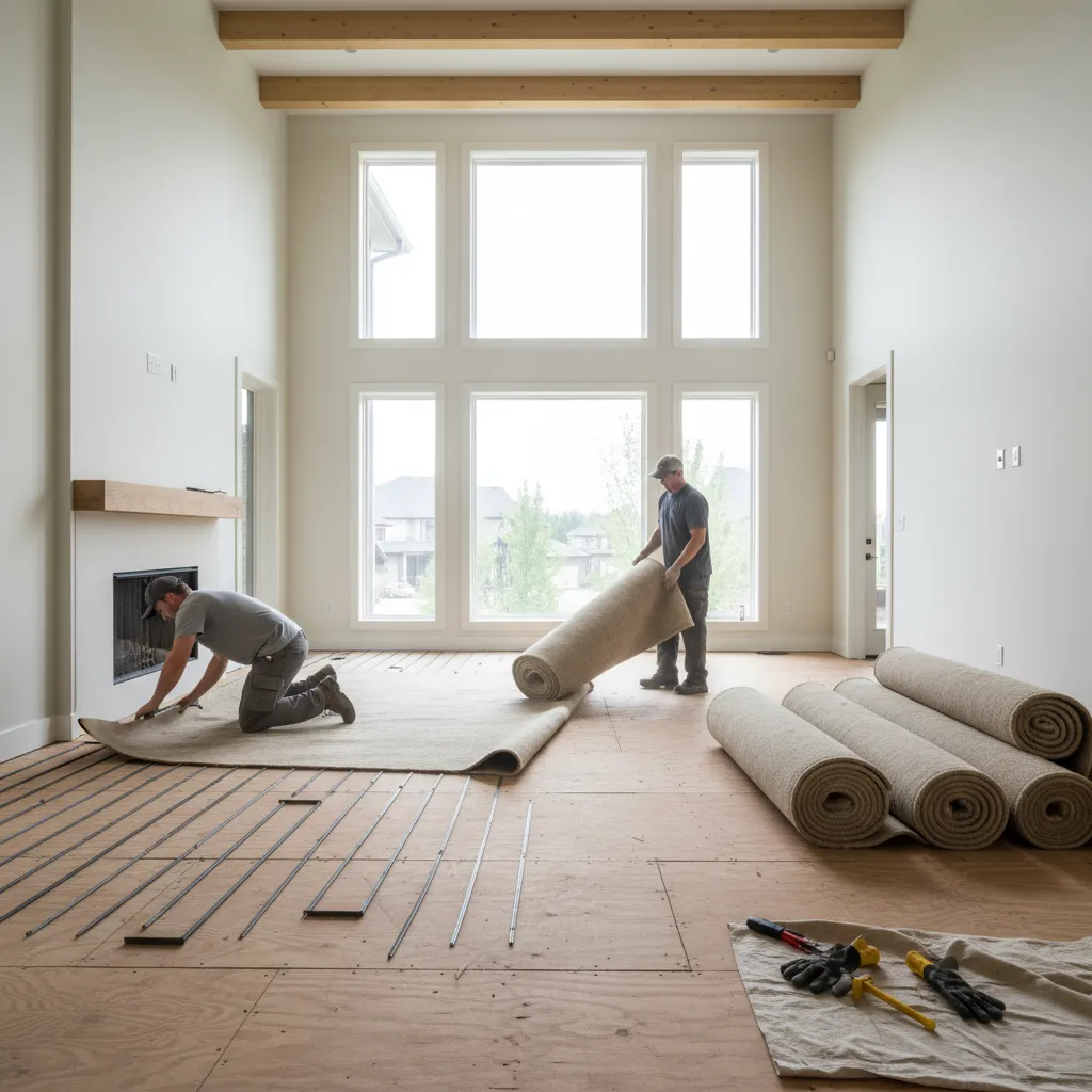 Old carpet being removed from a living room floor during renovation