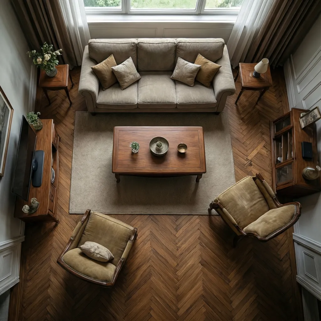 Distribución de mobiliario en salón con parquet antiguo